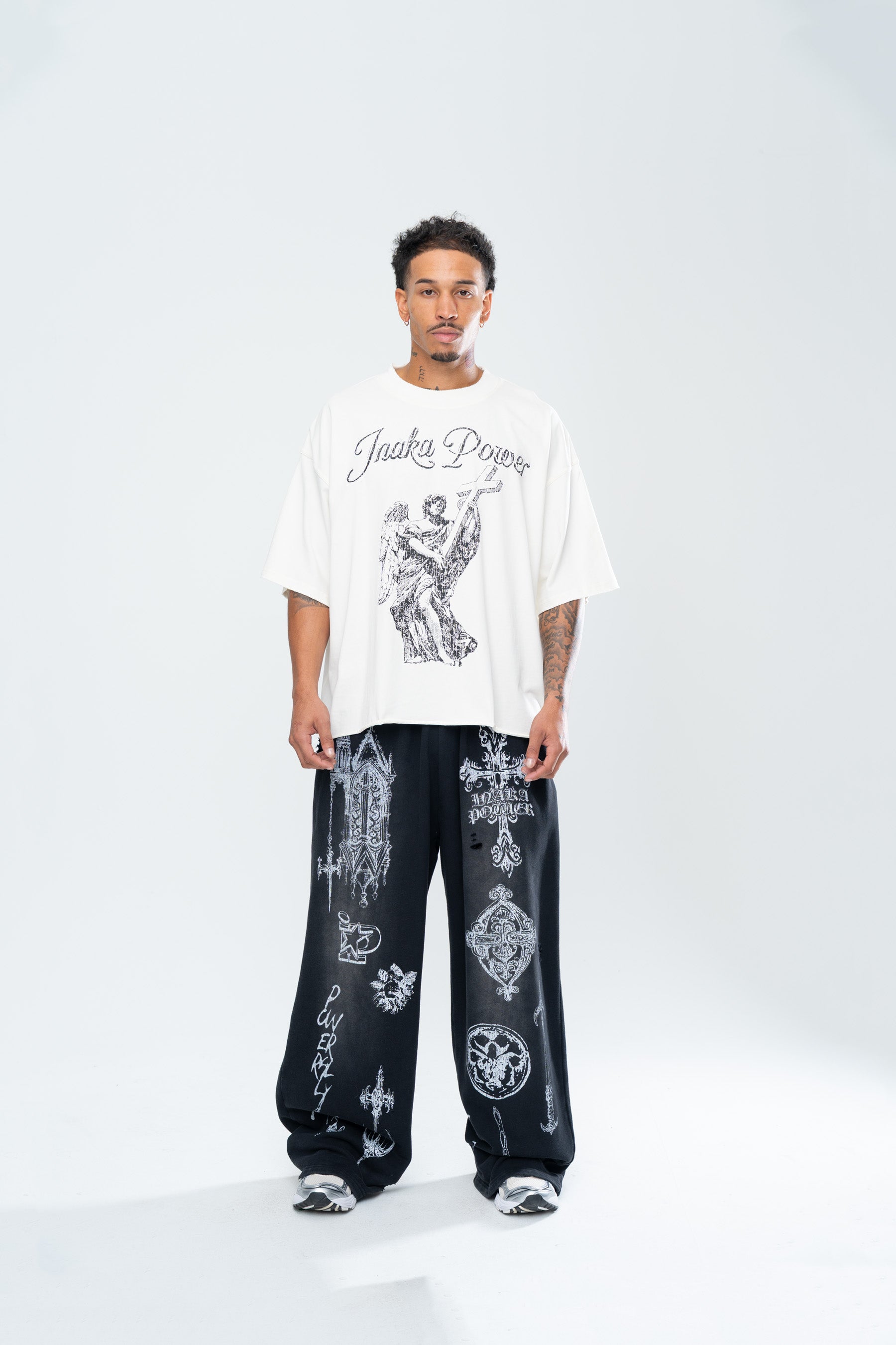 CRUCIFIX DISTRESSED BAGGY SWEATPANTS - BLACK