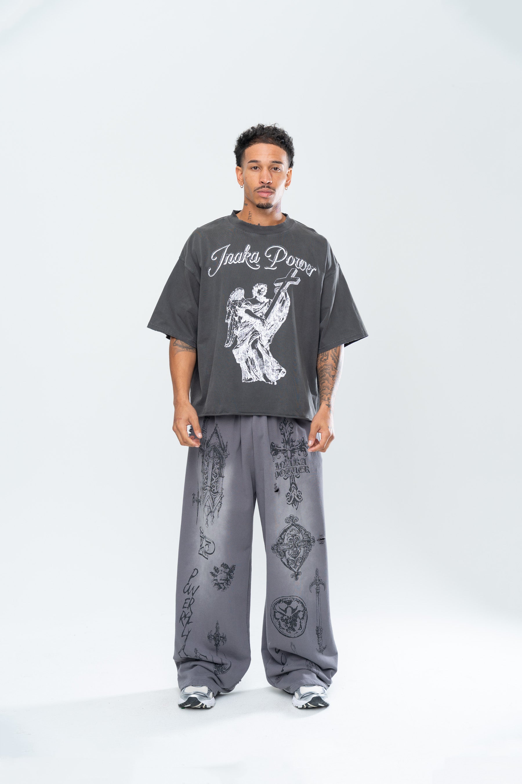 CRUCIFIX DISTRESSED BAGGY SWEATPANTS - GRAY
