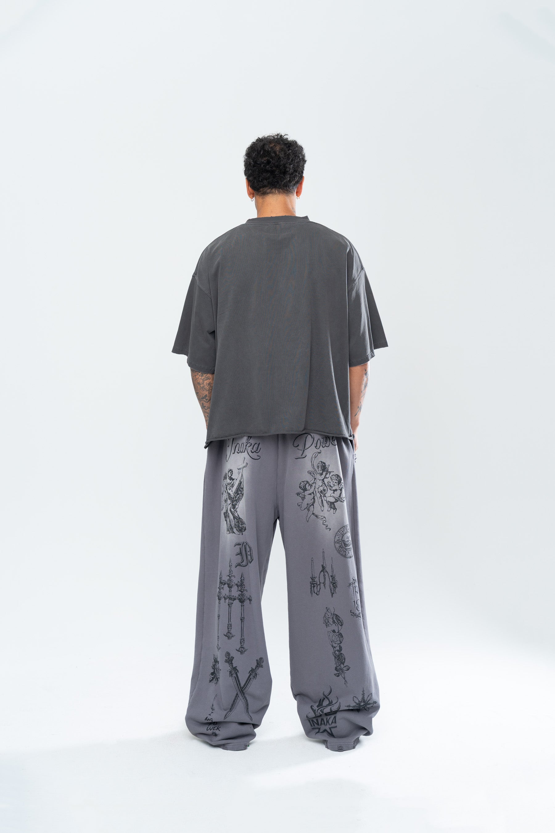 CRUCIFIX DISTRESSED BAGGY SWEATPANTS - GRAY
