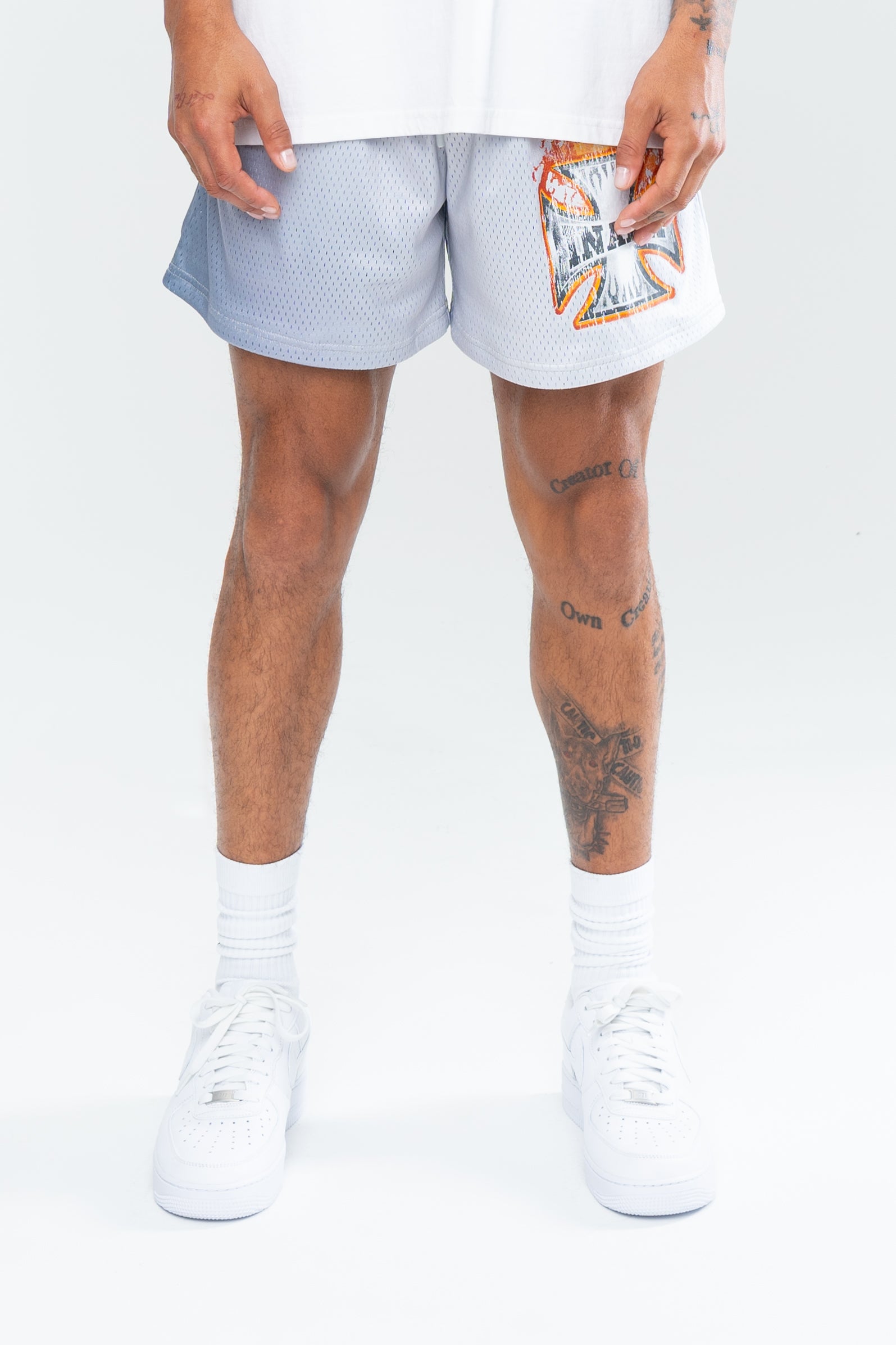 CROSS FLAME MESH SHORTS - CHROME