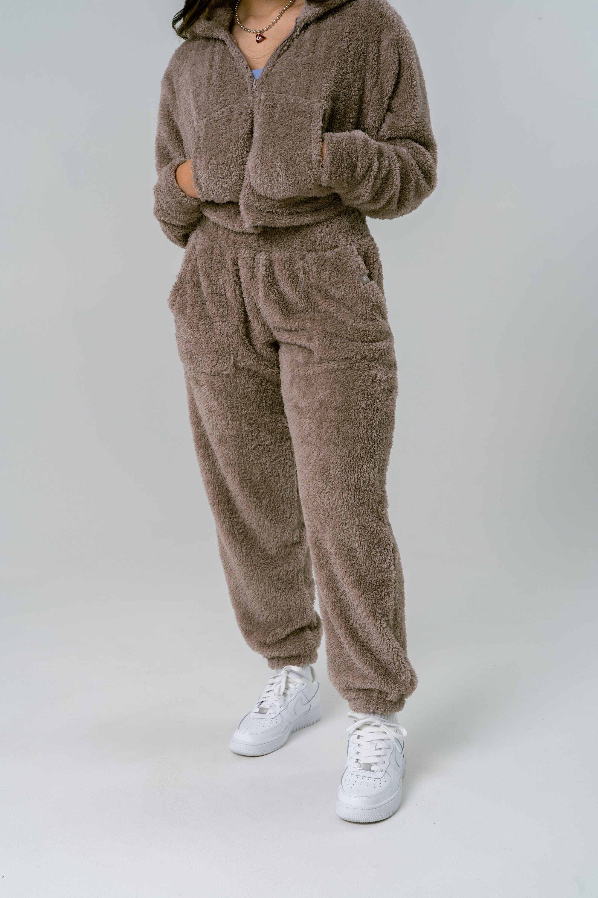 High Waisted Teddy Fleece Pants - Deep Taupe