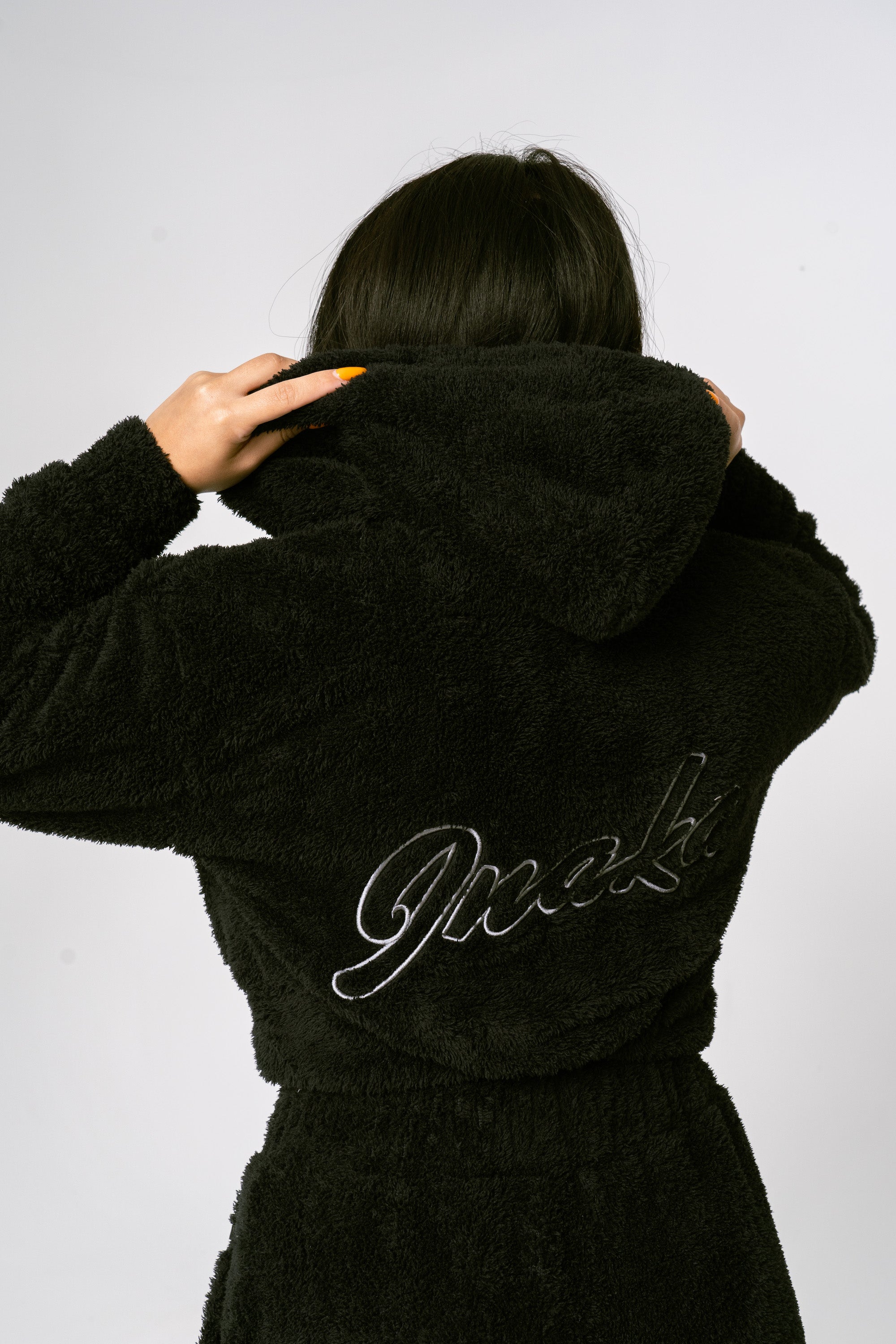 Teddy Fleece Crop Zip Hoodie - Black