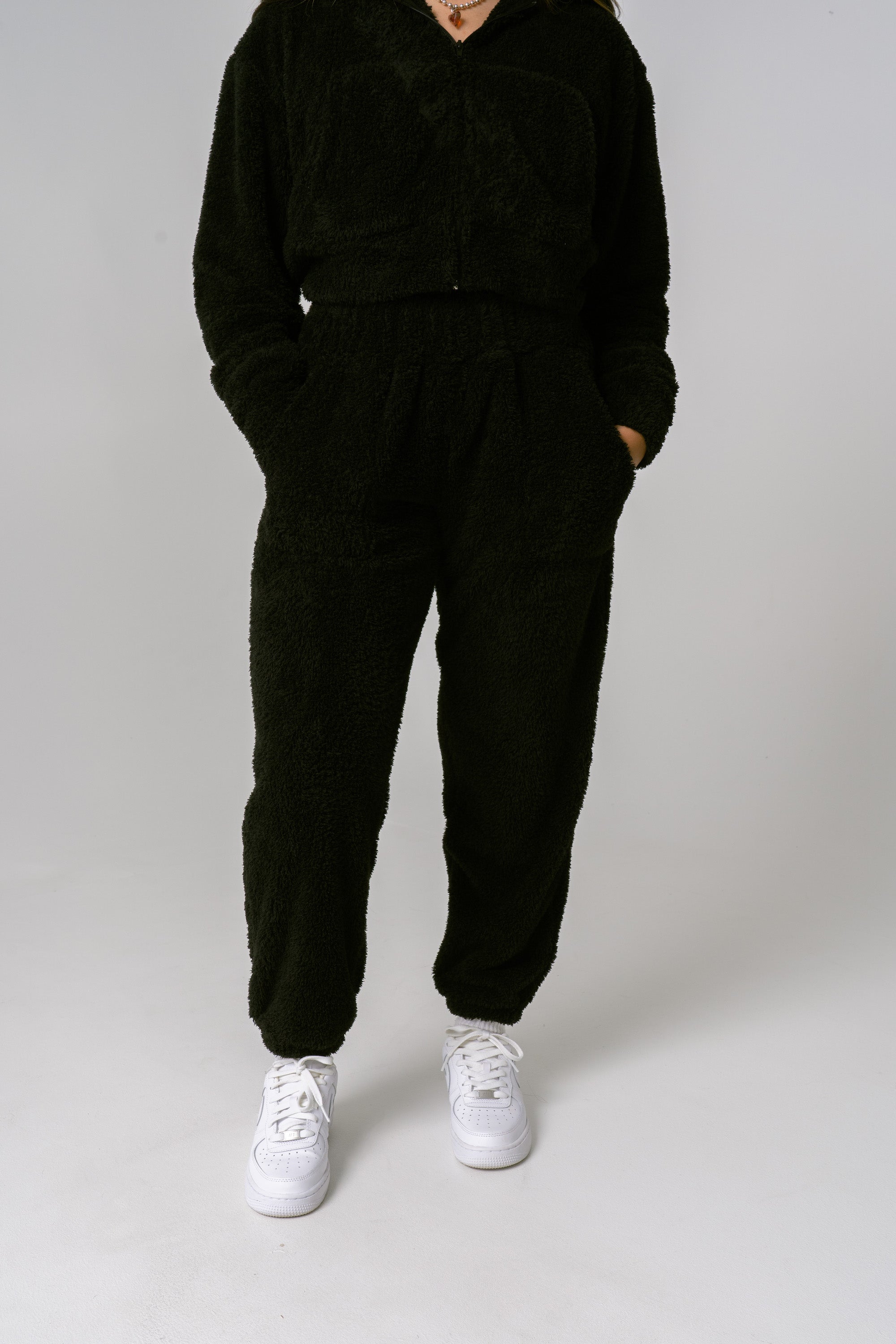 High Waisted Teddy Fleece Pants - Black