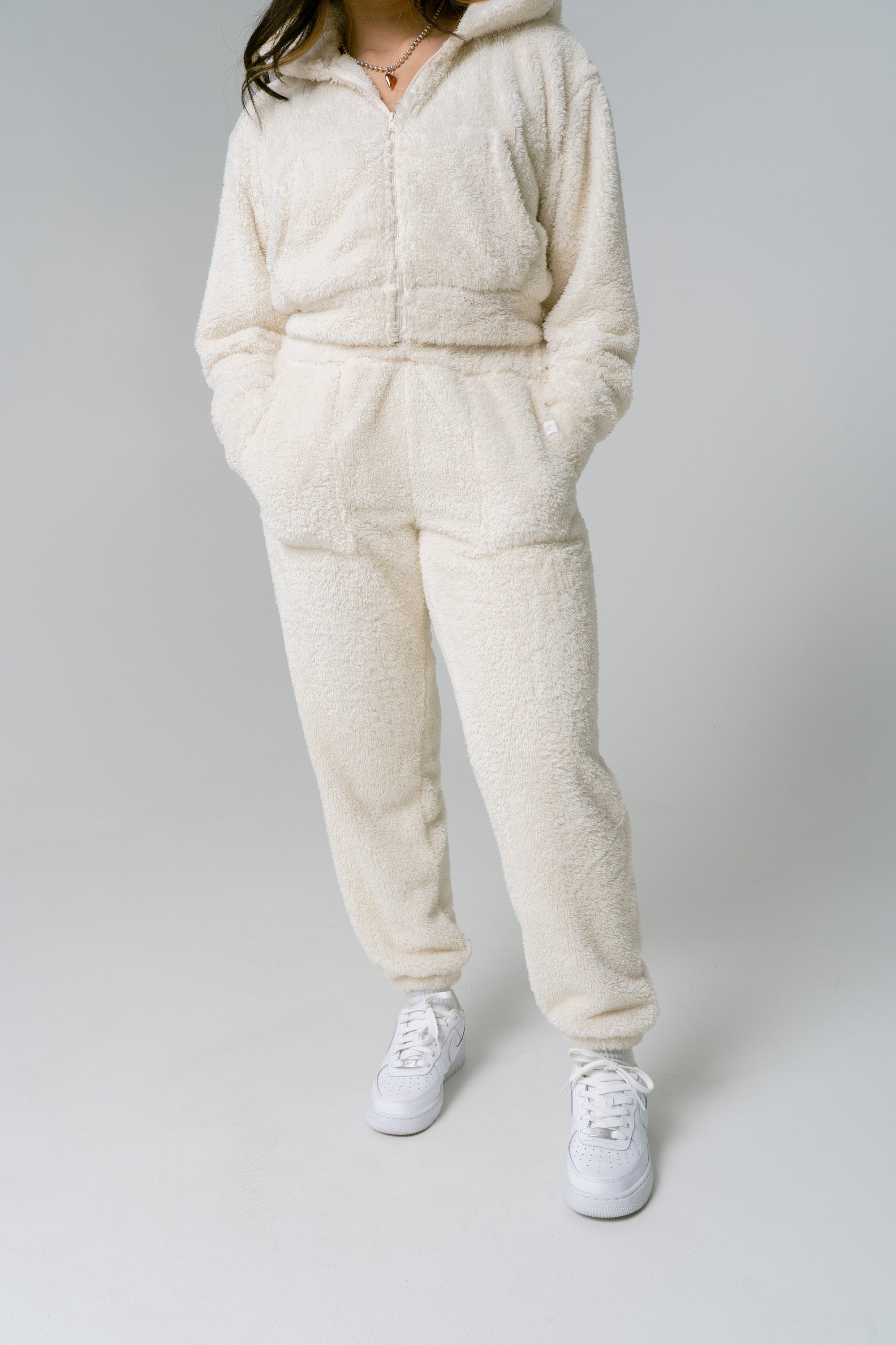 High Waisted Teddy Fleece Pants - Cream