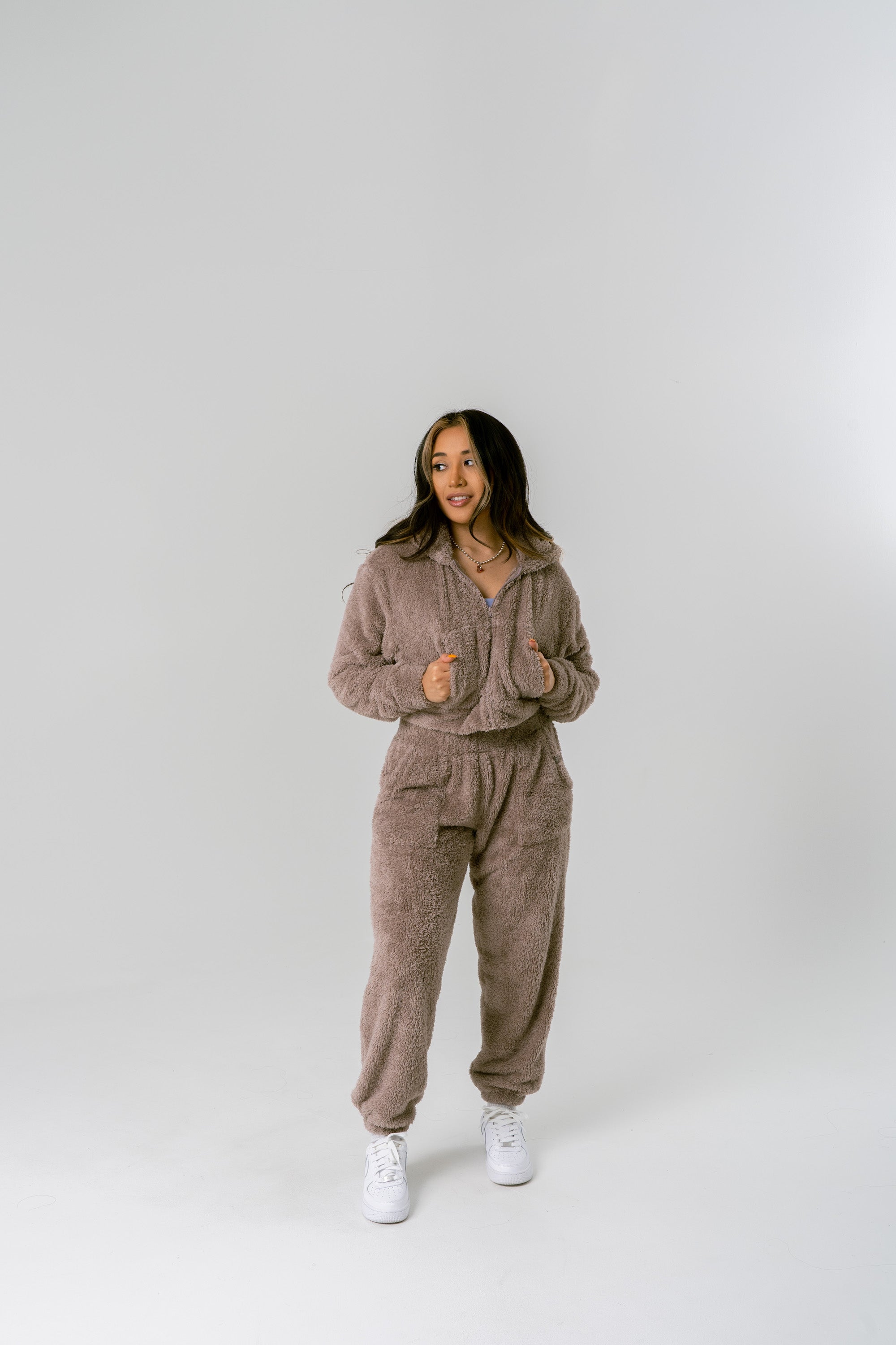 High Waisted Teddy Fleece Pants - Deep Taupe