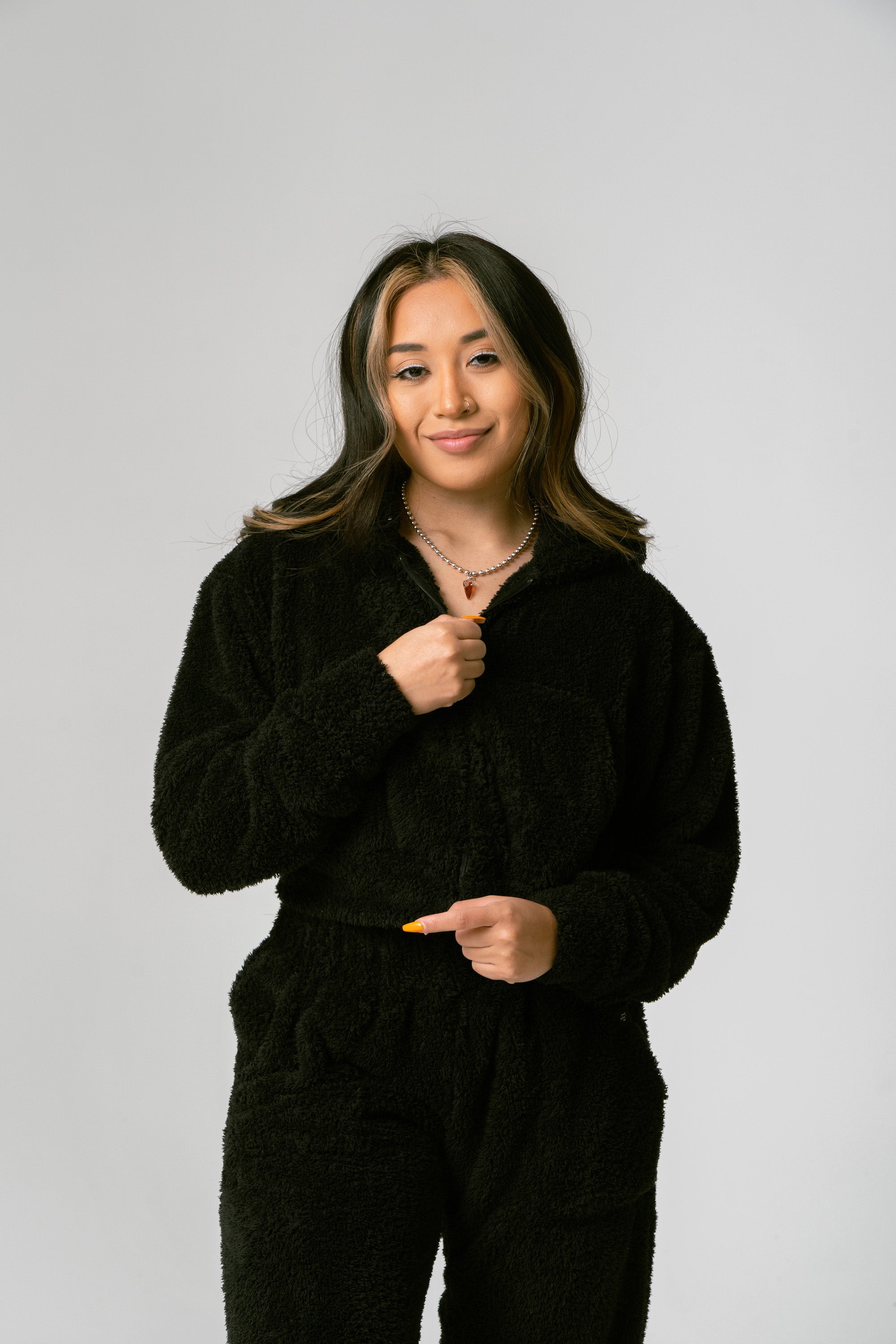 Teddy Fleece Crop Zip Hoodie - Black
