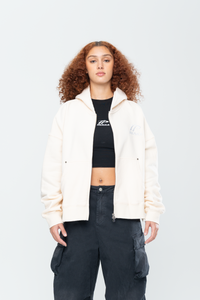 CROPPED DOUBLE ZIP HOODIE - BEIGE