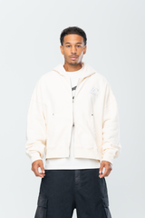 CROPPED DOUBLE ZIP HOODIE - BEIGE