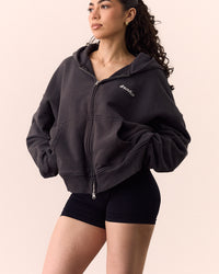 BASICS CROPPED DOUBLE ZIP HOODIE - GREY