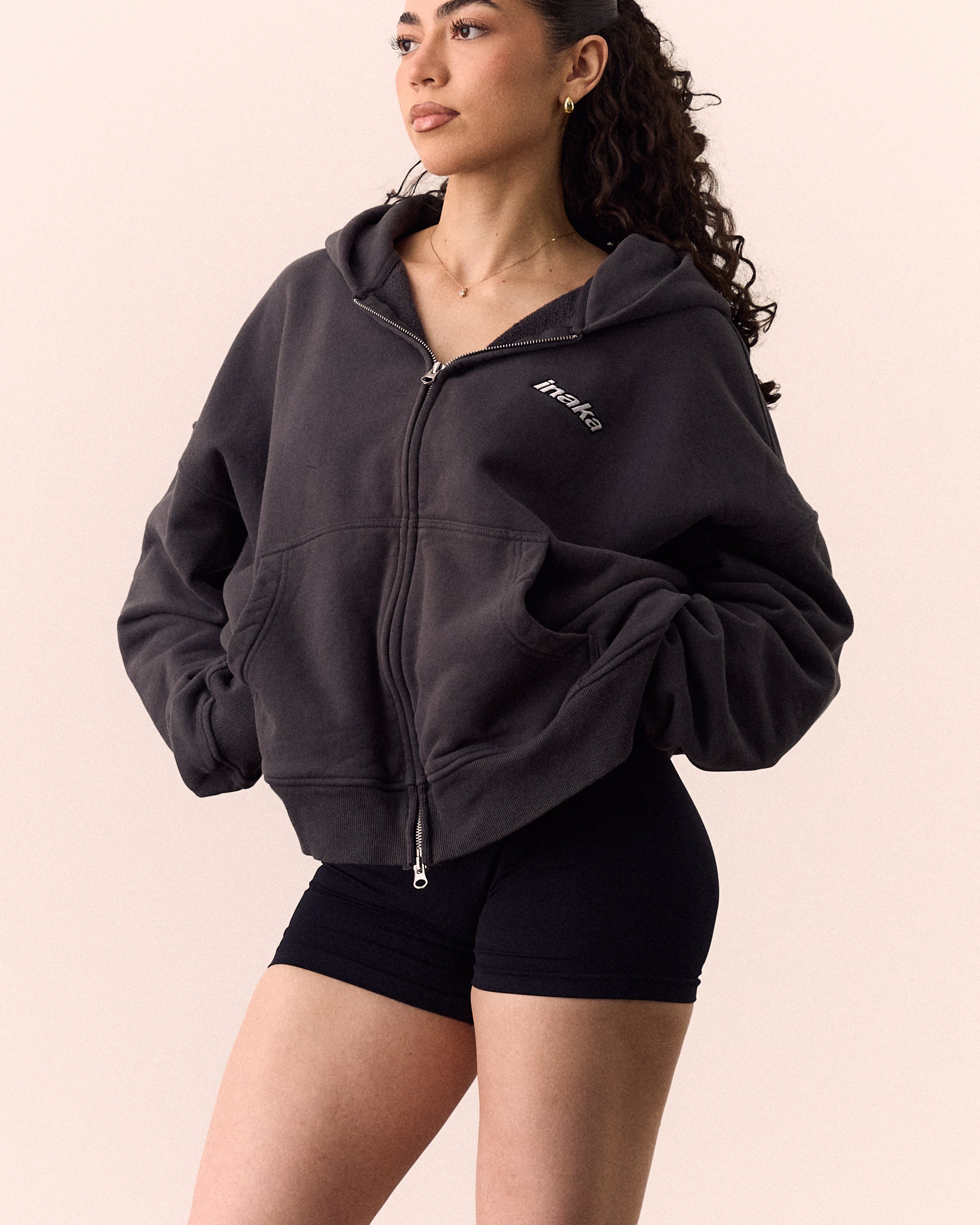 BASICS CROPPED DOUBLE ZIP HOODIE - GREY