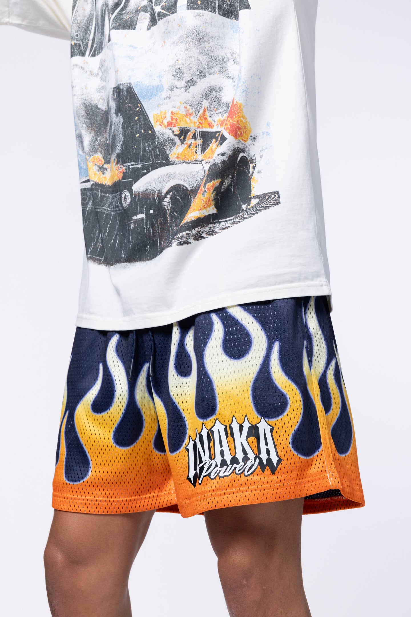 ORANGE FLAME MESH SHORTS