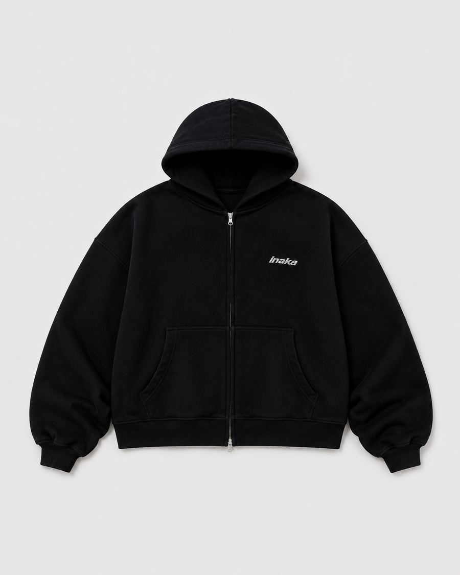 BASICS CROPPED DOUBLE ZIP HOODIE - BLACK