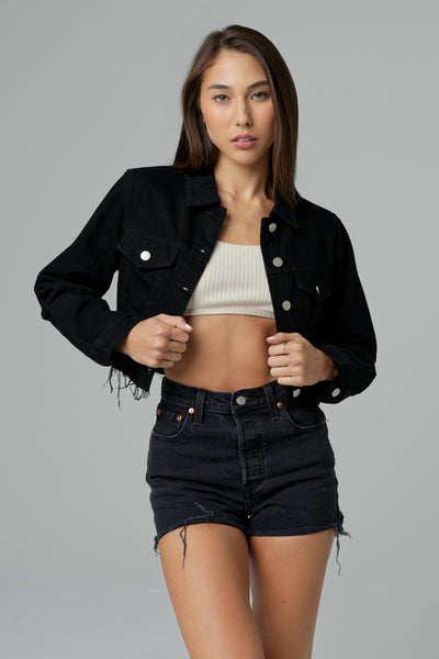 WOMEN'S CROPPED DENIM JACKET - BLACK – Inaka Power