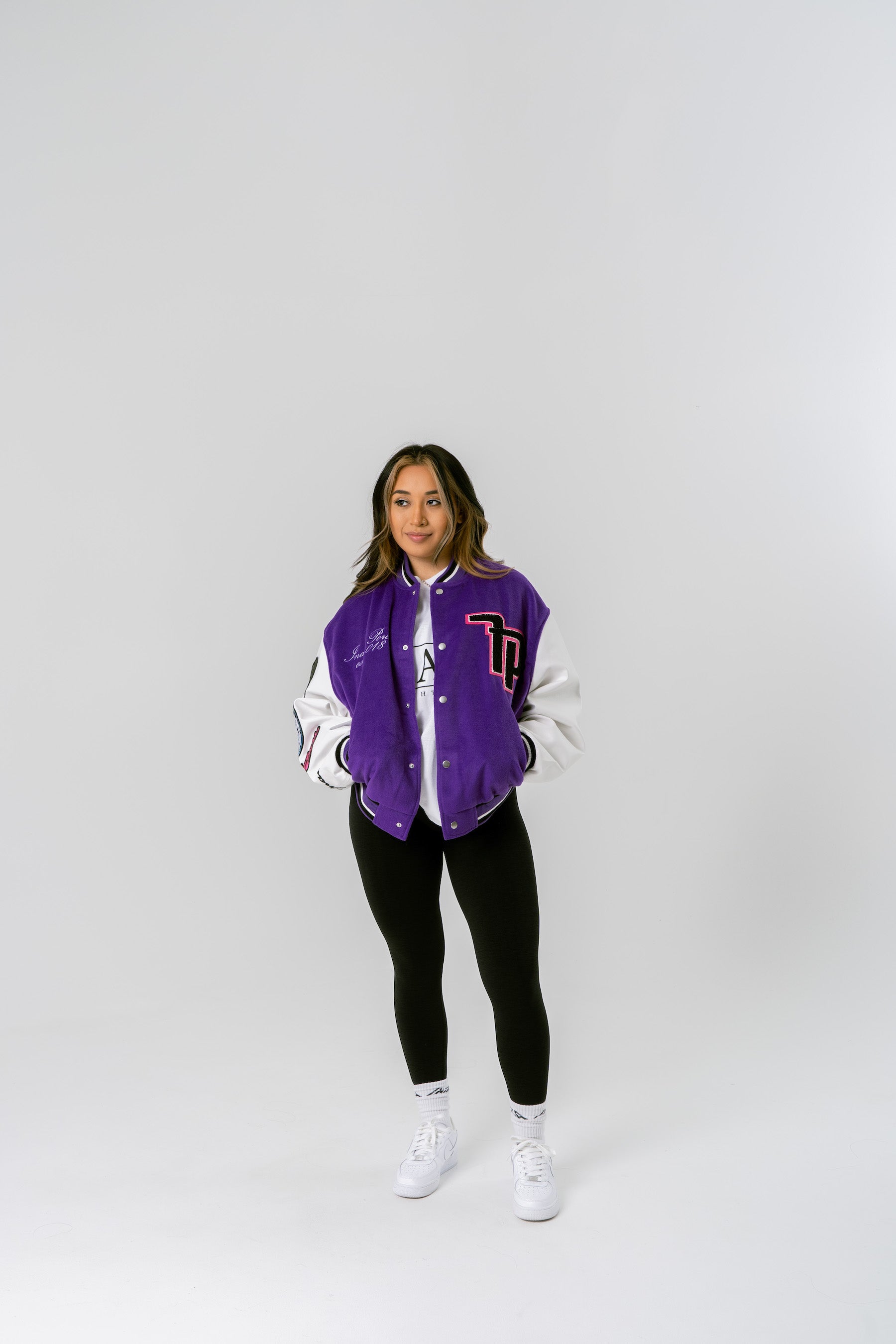 Inaka Power Men's 4 Year Letterman Jacket - Purple/White - L - Oversized Fit Jacket w/ 2 Side Pockets - Faux Leather, Cotton Fleece, Polyester Satin Blend - Inaka Power